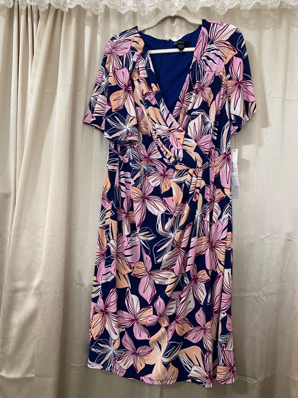 Maggy London Floral Wrap Dress Size 14W NWT Navy Pink Midi Flutter Sleeve